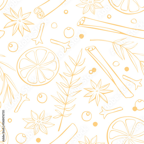Vector seamless pattern of Christmas winter outline spices in doodle style. Xmas background or texture with seasonings. For desserts, hot mulled wine, homemade cookies, template of menu, recipes