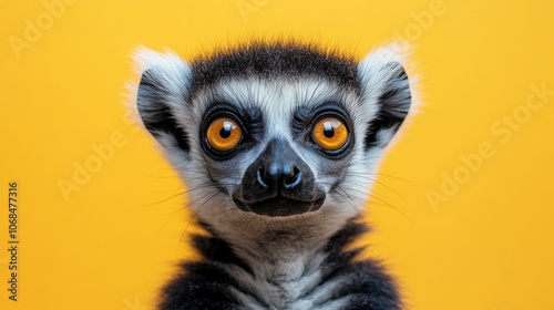 Close-up of ring-tailed lemur with orange eyes, yellow background, expressive face, detailed fur, exotic animal, curious gaze, wildlife photography, primate portrait