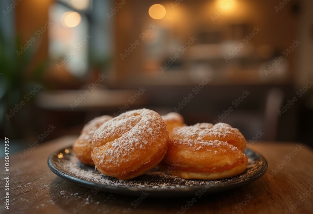 Powdered Sugar-Dusted Doughnuts On A Black Plate In A Warmly Lit Caf� Powdered Sugar-Dusted Doughnuts On A Black Plate In A Warmly Lit Caf�