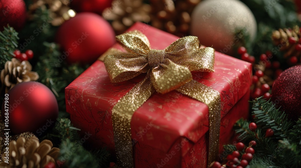 Festive Christmas Gift Wrapped in Red and Gold Festive Christmas Gift Wrapped in Red and Gold