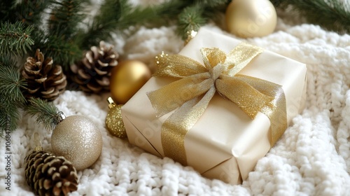 Elegant Christmas Gift Wrapped in Gold Ribbon