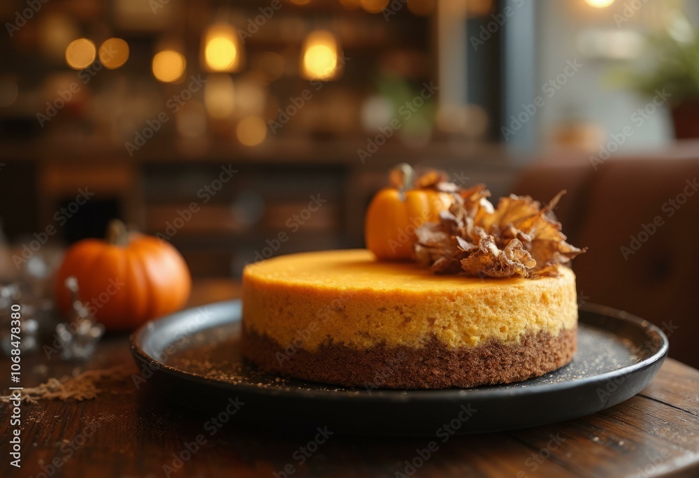 Fototapeta premium Slice Of Pumpkin Cheesecake With A Caramel Top And Dried Pumpkin Leaves In A Cozy Restaurant Setting