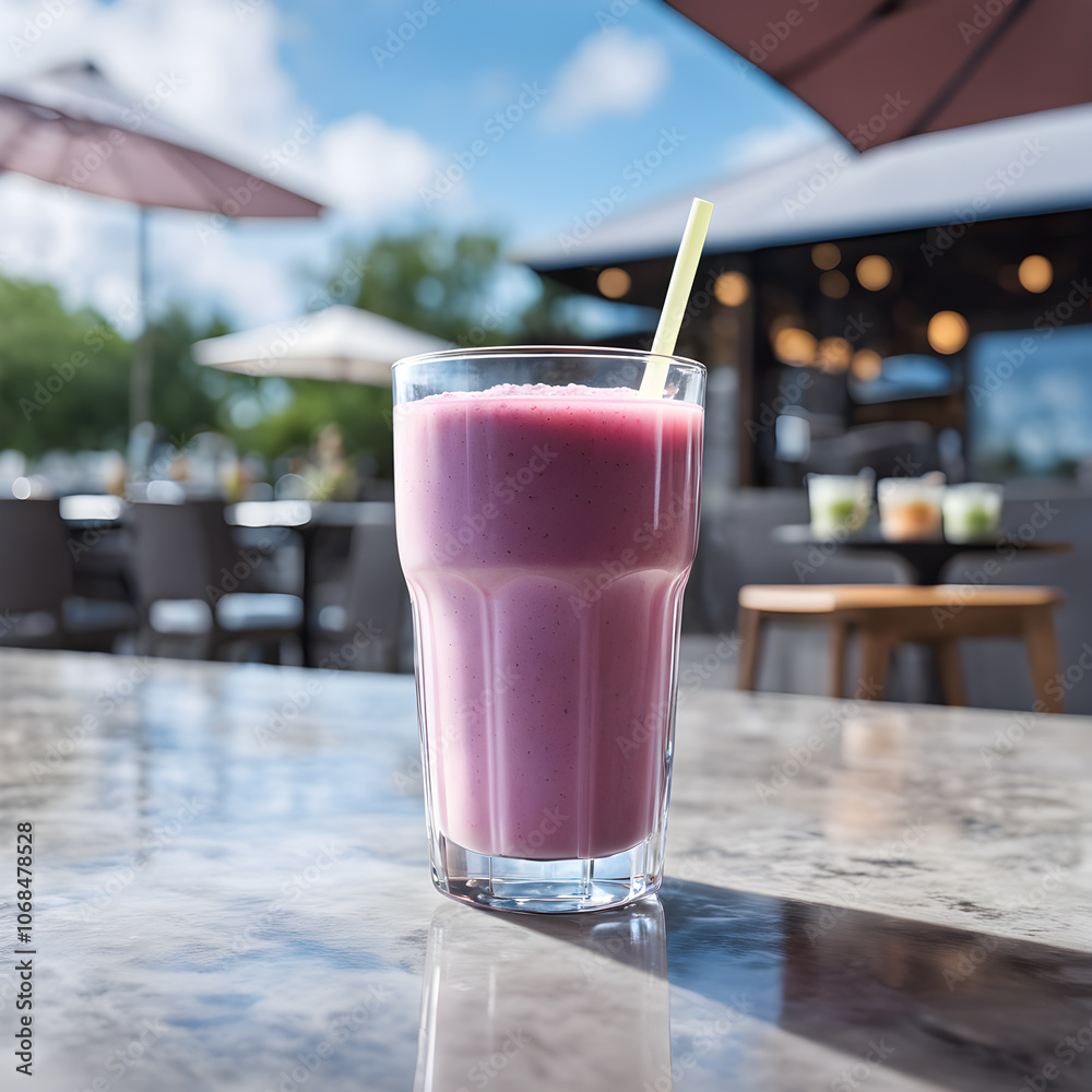 A glass of fresh berry smoothie on the table in a cafe A glass of fresh berry smoothie on the table in a cafe