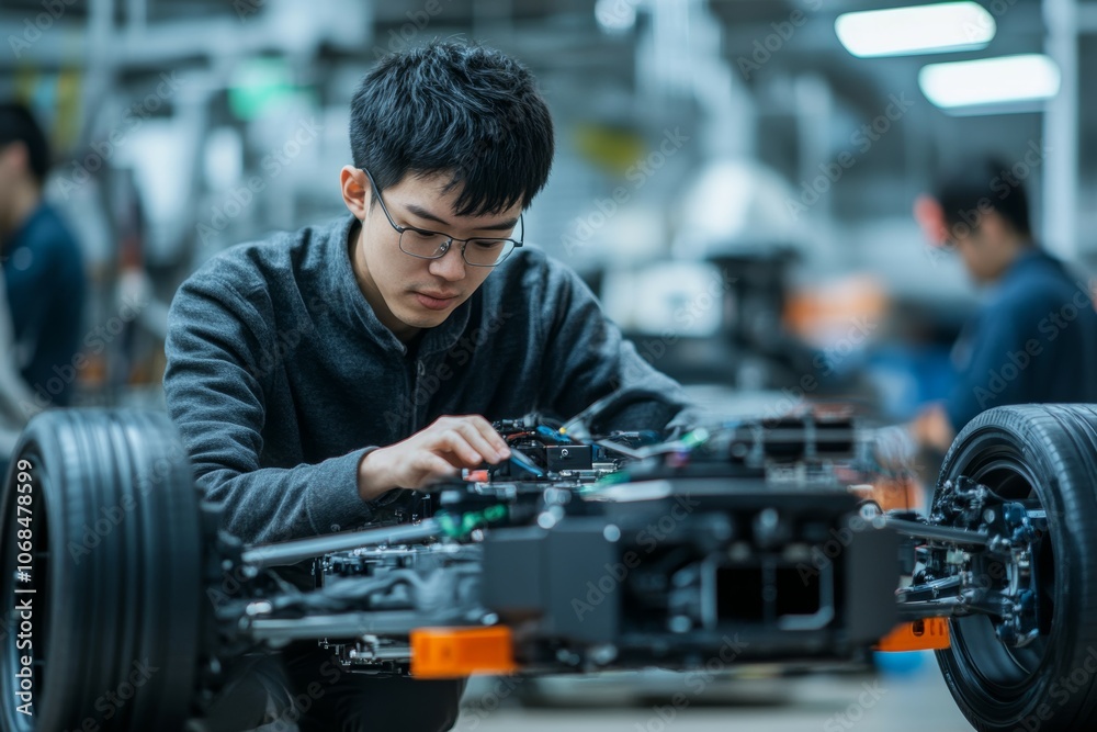 Young Engineer Focused on Assembling a High-Tech Vehicle: A Glimpse Into the Future of Automotive Innovation and Engineering Excellence