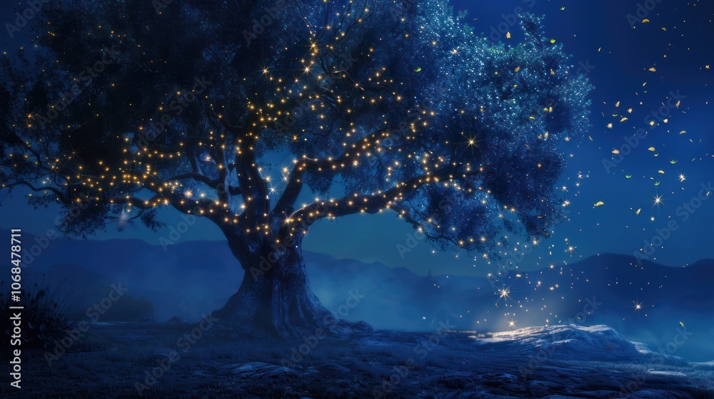 tree fairy lights magic night illustration tree fairy lights magic night illustration