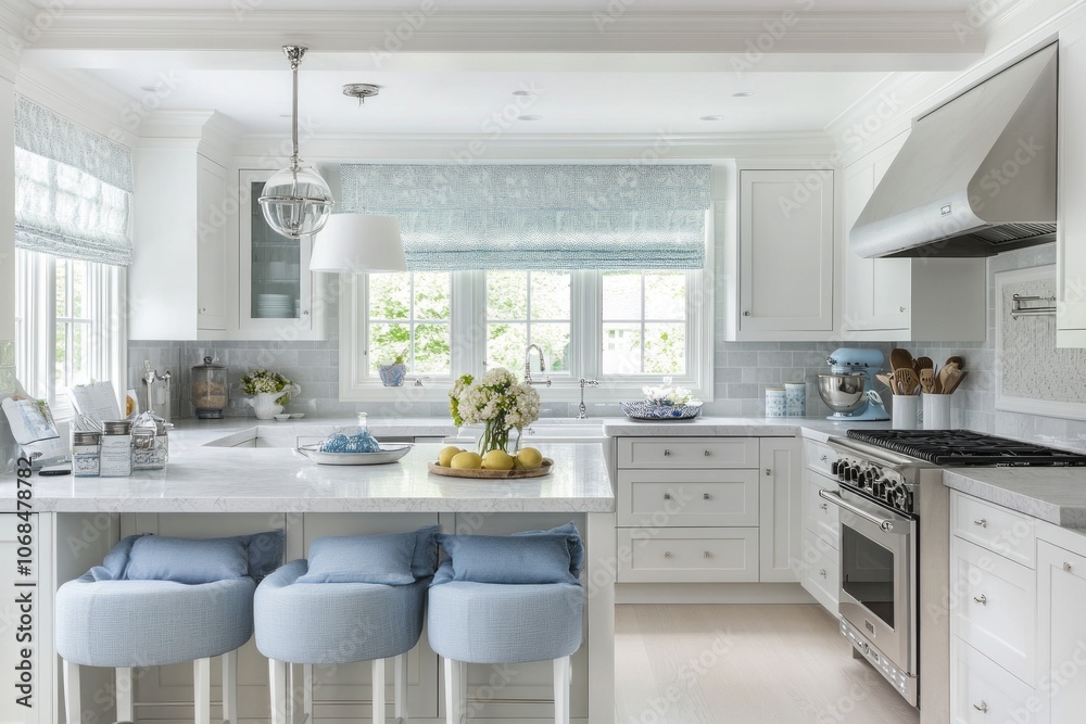 White Kitchen with Island and Blue Upholstered Stools White Kitchen with Island and Blue Upholstered Stools