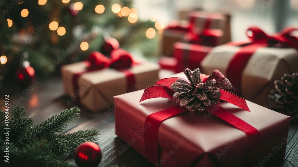 Festive Christmas Gifts Wrapped with Red Ribbons Festive Christmas Gifts Wrapped with Red Ribbons