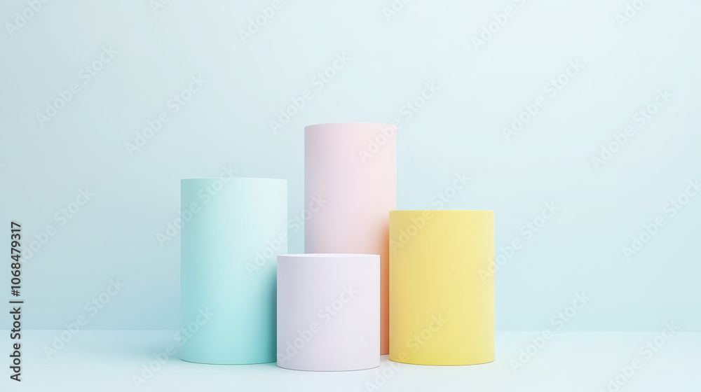 Cylinders podiums of pastel colours, clean blue background. Aesthetic product template. Generative AI