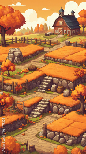 Farm and field, autumn season.mobile game asset. Game environment set, hay day, stardew valley style