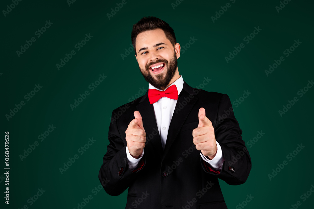 Photo of nice young bearded gentleman point you excited dressed stylish fancy garment isolated on green color background Photo of nice young bearded gentleman point you excited dressed stylish fancy garment isolated on green color background