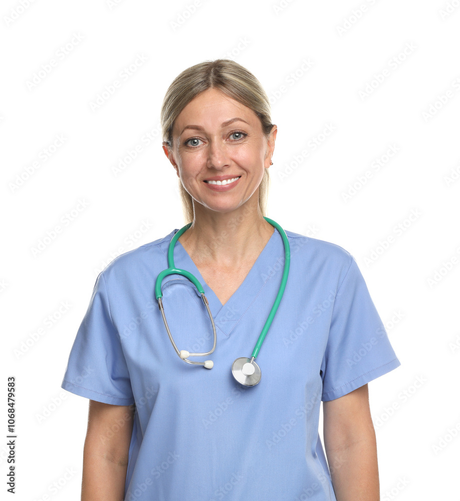 Portrait of doctor in medical uniform with stethoscope isolated on white Portrait of doctor in medical uniform with stethoscope isolated on white