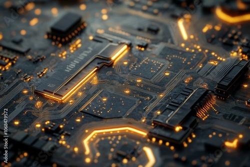Illuminated Circuitry: A Close-Up Exploration of a Modern Motherboard with Glowing Components and Intricate Design Details