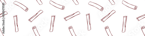 Vector seamless pattern of contour cinnamon stick in doodle style. Background or texture with seasoning, spice, ingredient for baking, hot drinks, aromatherapy, cooking