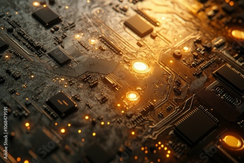 Illuminated Circuitry: A Close-Up Exploration of a Microchip's Intricate Design and Glowing Connections