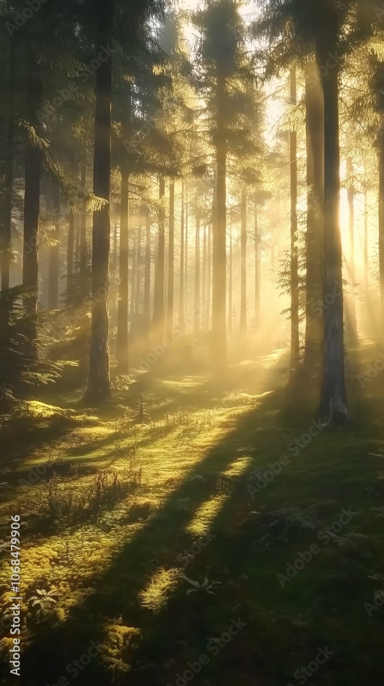 Naklejka premium Sunlight streams through towering trees in a serene forest, casting golden hues and gentle shadows on the lush ground.