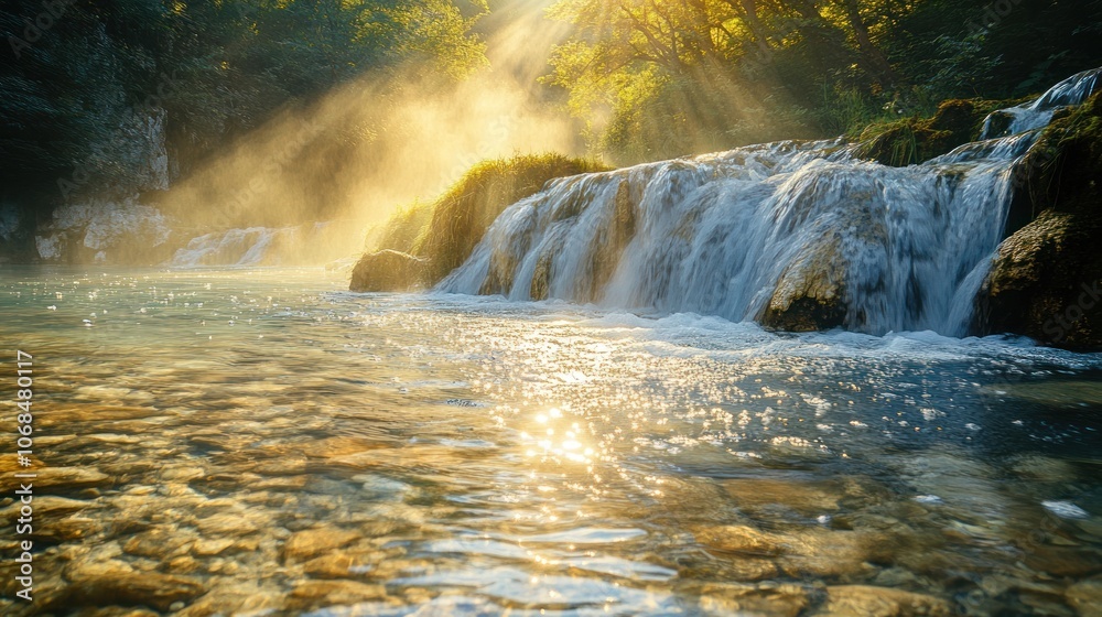 Sunlight Shining Through Mist Over Waterfall Sunlight Shining Through Mist Over Waterfall