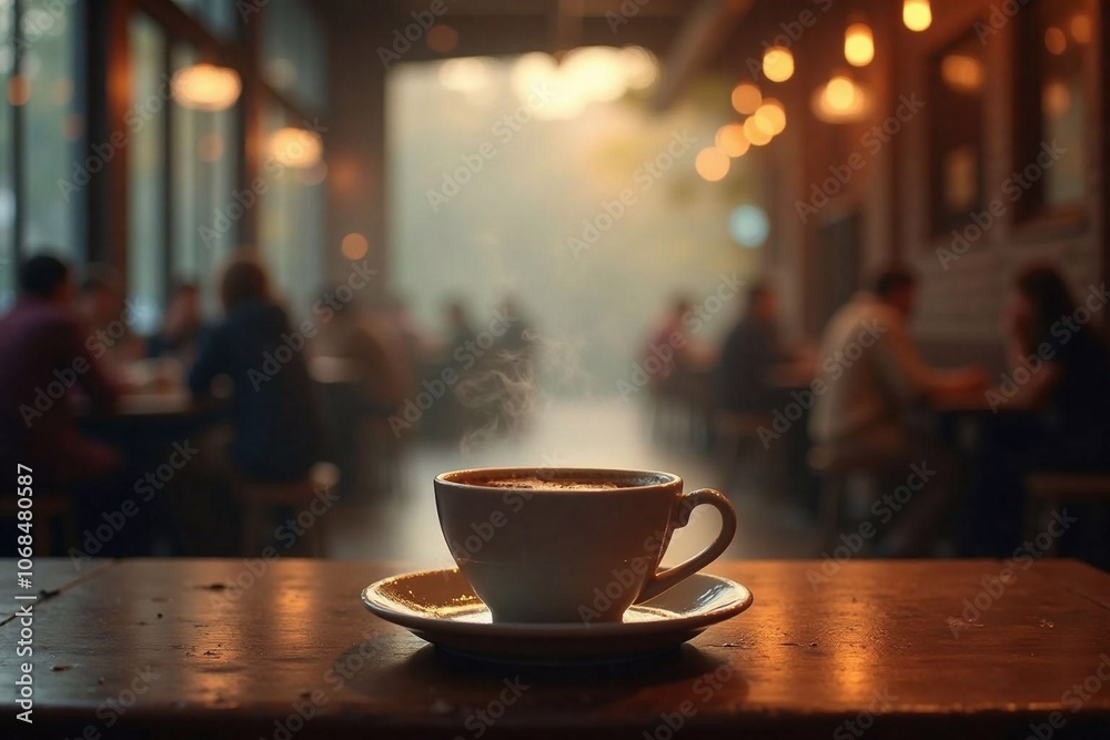 Close-up of a cup of coffee and a cake against the background of an old cafe interior - generative AI Close-up of a cup of coffee and a cake against the background of an old cafe interior - generative AI