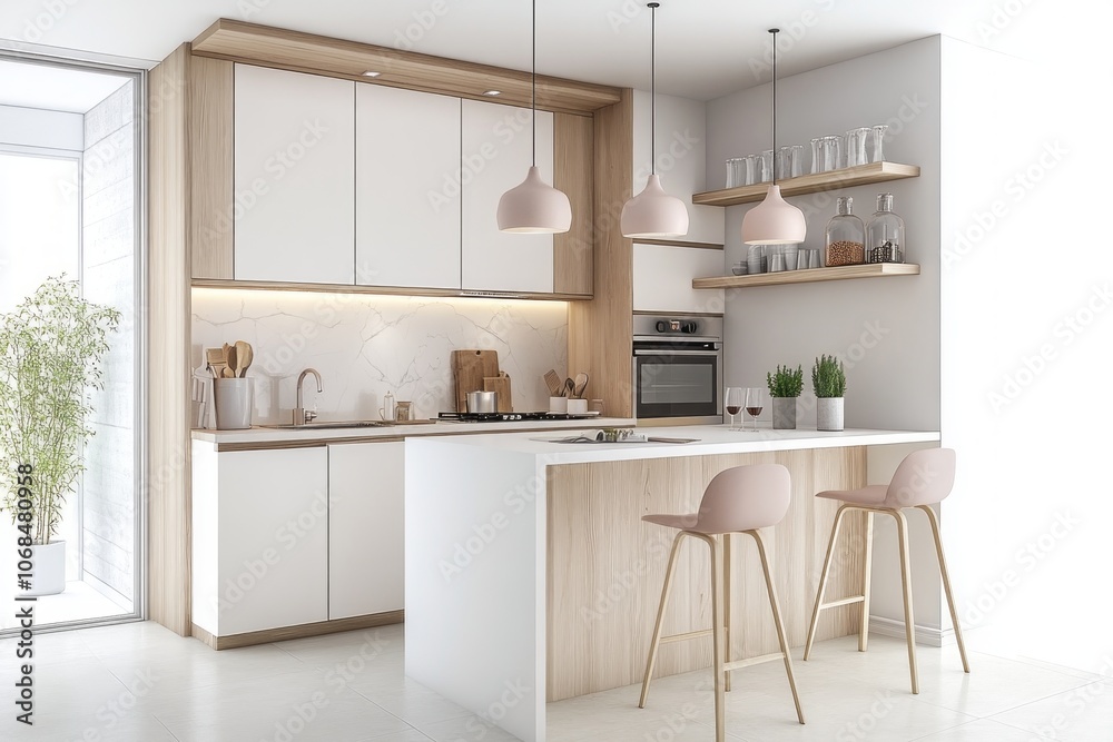 Modern Kitchen with White Cabinets, Marble Countertops, and a Breakfast Bar