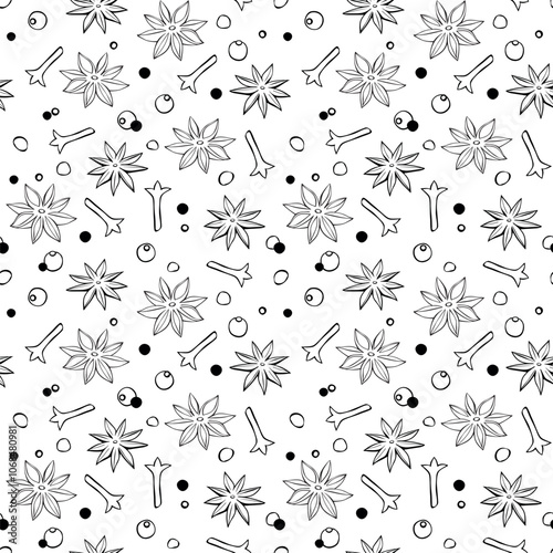 Vector seamless pattern of star anise, carnation, pepper in doodle style. Background or texture of seasonings, food additive, spices