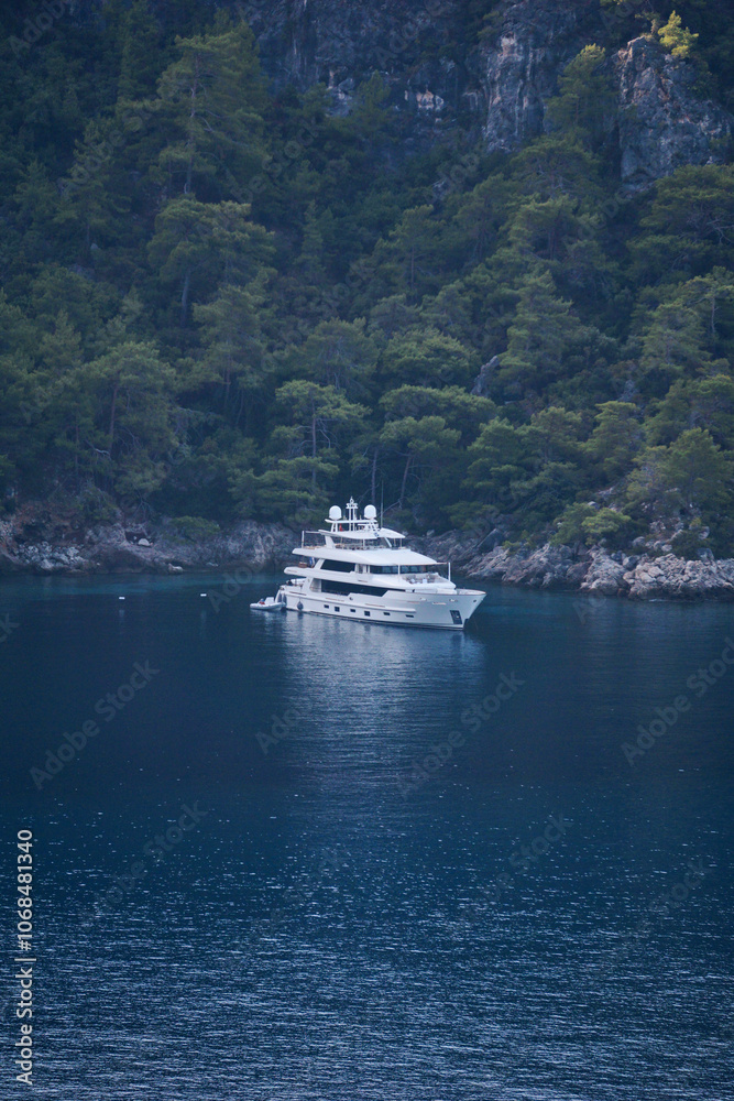 a white yacht is moored at the seashore among the trees a white yacht is moored at the seashore among the trees