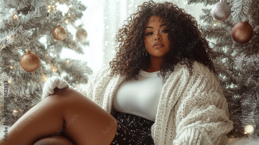 A fashionable woman in a cozy outfit lounges by a decorated Christmas tree, capturing warmth and holiday spirit. A fashionable woman in a cozy outfit lounges by a decorated Christmas tree, capturing warmth and holiday spirit.