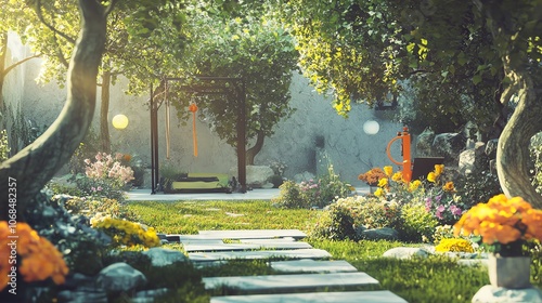 Peaceful garden path surrounded by vibrant flowers and greenery under soft sunlight. photo