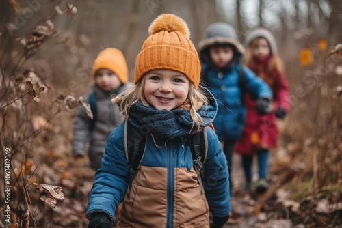 Joyful Kids Exploring Nature: A Heartwarming Adventure Through Autumn Trails with Brightly Colored Hats and Playful Spirits