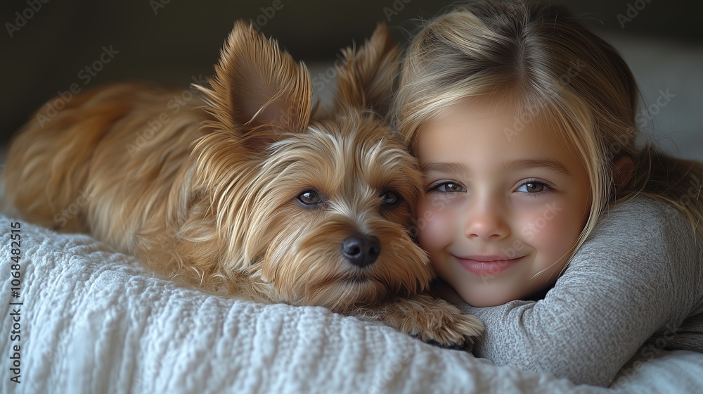 A young girl with a joyful smile cuddles with her fluffy dog, both resting on a cozy white bed. A young girl with a joyful smile cuddles with her fluffy dog, both resting on a cozy white bed.
