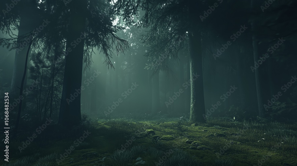 Obraz premium A serene, misty forest scene with sunlight filtering through tall trees, creating an enchanting and mysterious atmosphere.