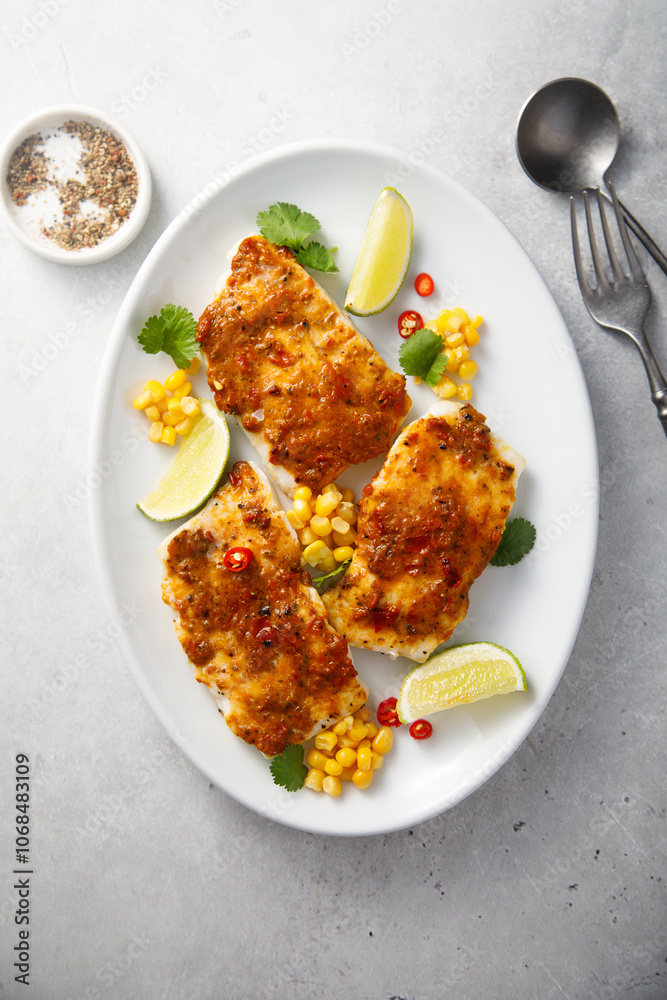 White fish fillet with pepper paste and corn White fish fillet with pepper paste and corn