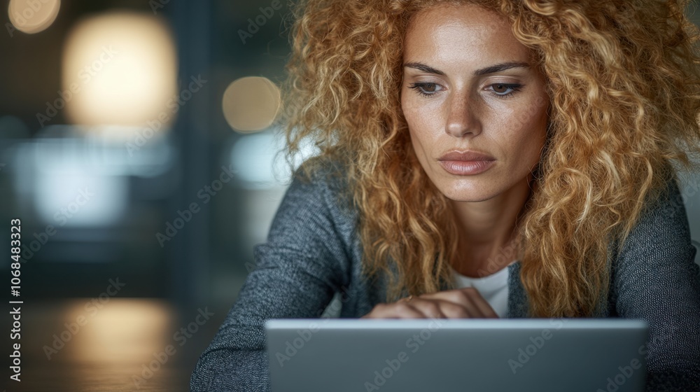 Focused Woman Working on Laptop in Modern Setting Focused Woman Working on Laptop in Modern Setting