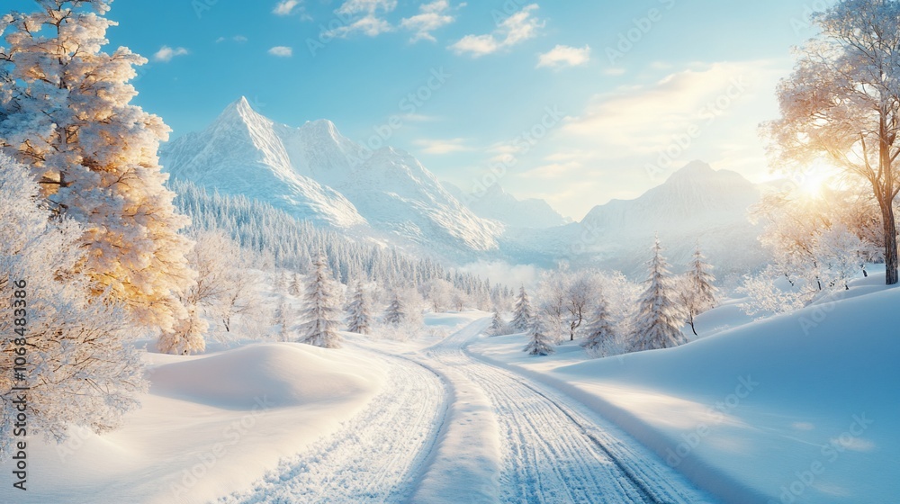 Fototapeta premium Snowy road leading through a winter wonderland with mountains in the background.