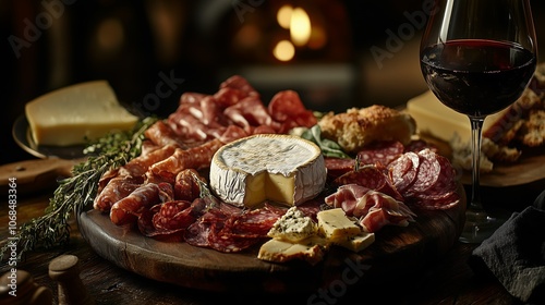 Elegantly arranged cheese and charcuterie board with red wine, ideal for gourmet gatherings and fine dining experiences.