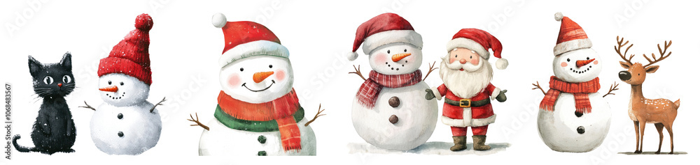 Christmas snowman illustration png cut out element set Christmas snowman illustration png cut out element set