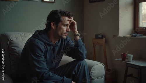 Thoughtful man in casual wear sitting alone on couch at home. Man rubbing his face  .
