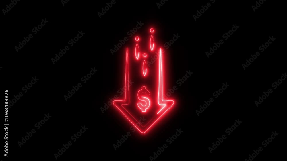 Glowing Money Loss Down Arrow Icon and Symbol in HD Video Neon Animation on Black Background Glowing Money Loss Down Arrow Icon and Symbol in HD Video Neon Animation on Black Background
