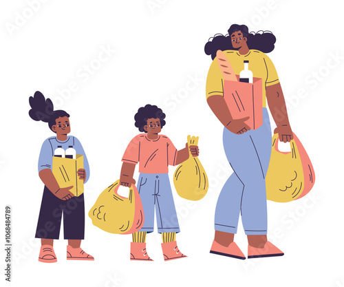 Polite Boy and Girl Character Carry Shopping Bag Help Mom Having Good Manners Vector Illustration