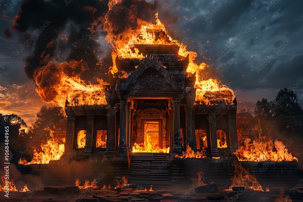 Ancient stone temple burning in a devastating fire at twilight Ancient stone temple burning in a devastating fire at twilight