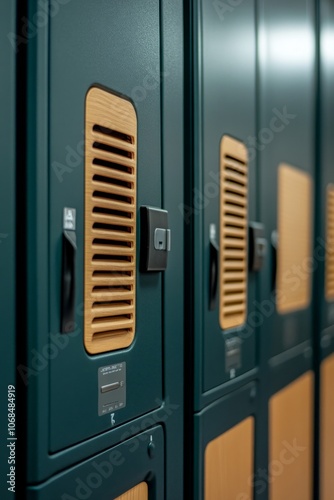 Green lockers lined along a school corridor feature wooden slats and provide students with a secure space for storing their belongings throughout the day photo