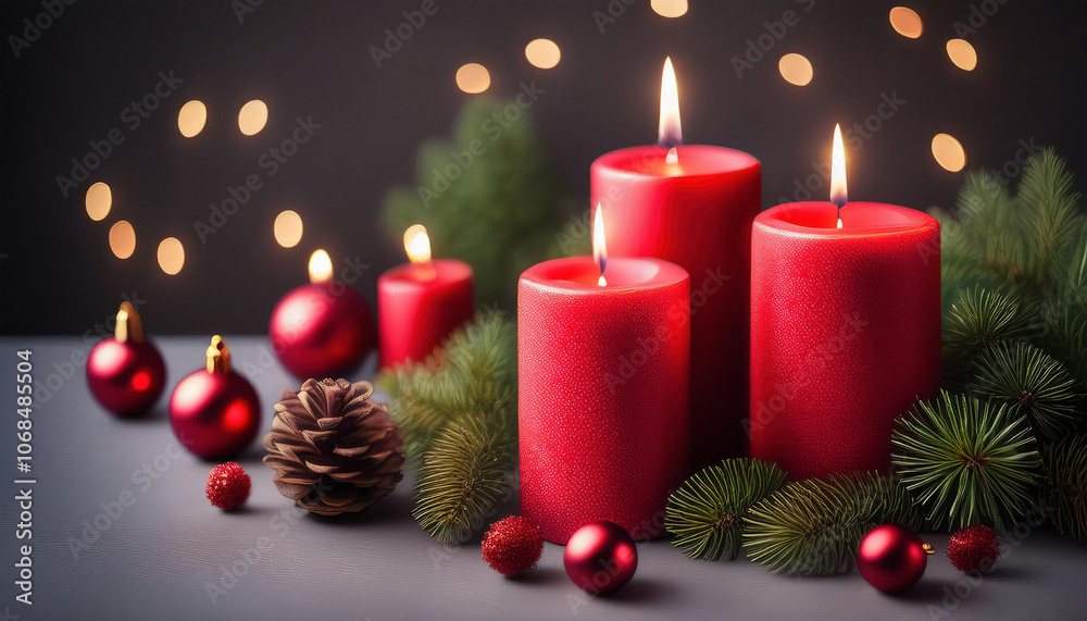 Red christmas candles with fir tree branches and red baubles on grey background with bokeh Red christmas candles with fir tree branches and red baubles on grey background with bokeh