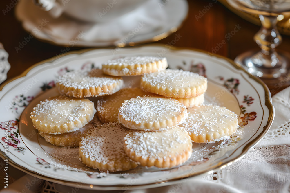 Shortbread cookies with crumbly texture and powdered sugar on vintage porcelain plate Shortbread cookies with crumbly texture and powdered sugar on vintage porcelain plate