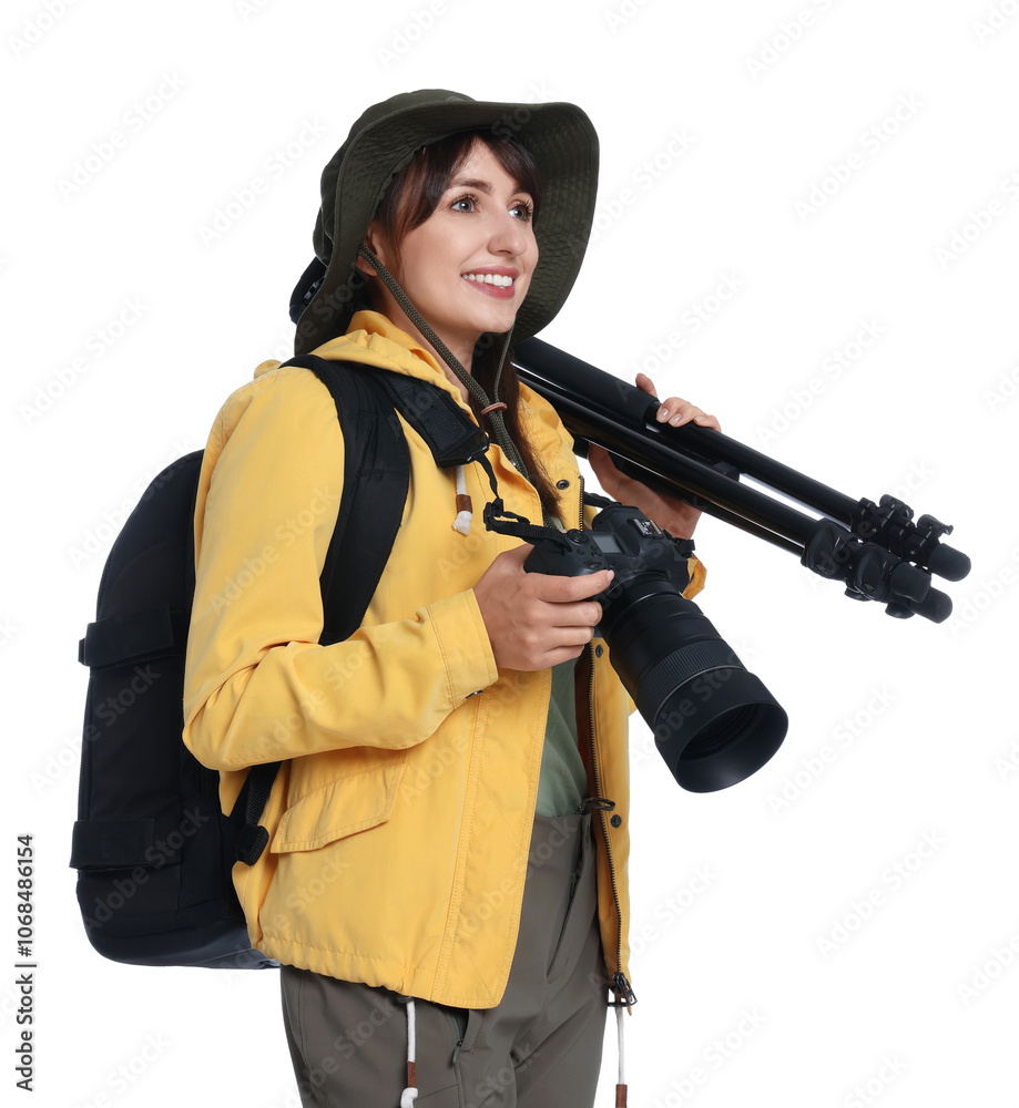Photographer with backpack, camera and other professional equipment on white background Photographer with backpack, camera and other professional equipment on white background