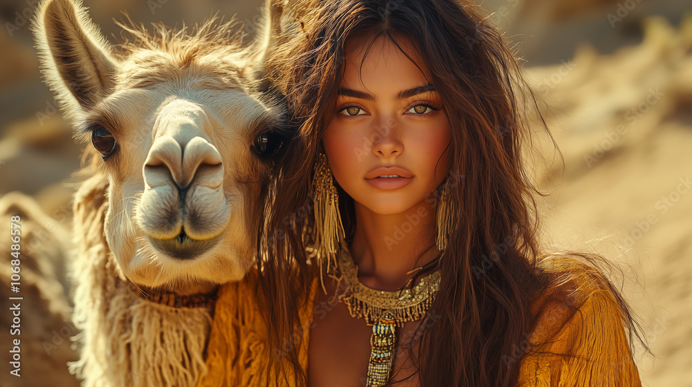 Naklejka premium Beautiful young woman with camel in desert. Portrait of beautiful girl with camel.