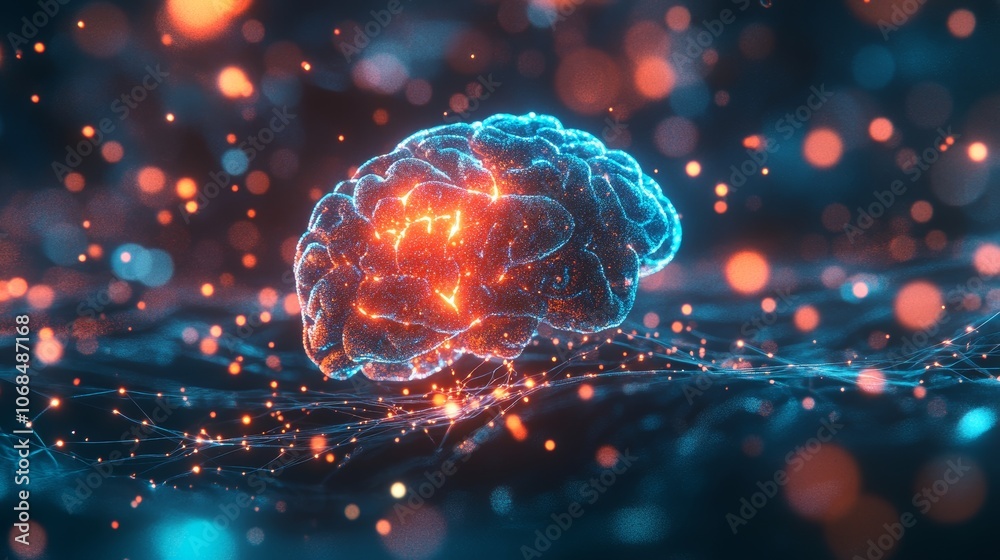 Glowing 3D Rendered Digital Brain Surrounded By Neural Pathways Glowing 3D Rendered Digital Brain Surrounded By Neural Pathways