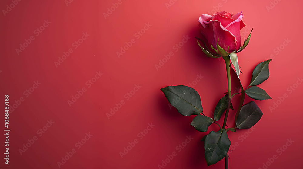 A beautiful red rose is in full bloom against a solid red background. The rose has velvety petals and dark green leaves. A beautiful red rose is in full bloom against a solid red background. The rose has velvety petals and dark green leaves.