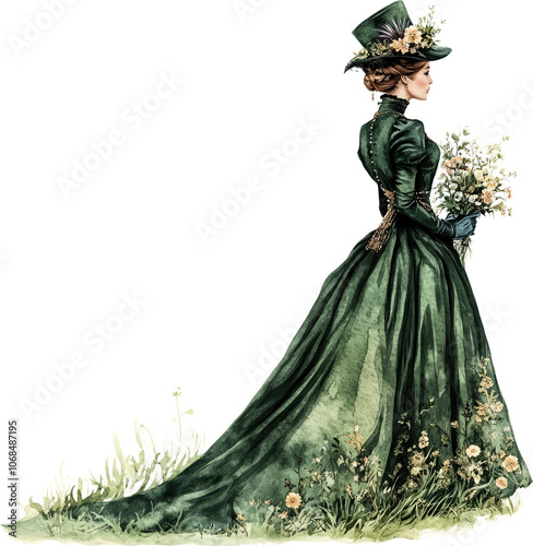 Victorian Lady in Dark Green Dress with Floral Bouquet, Side Profile 