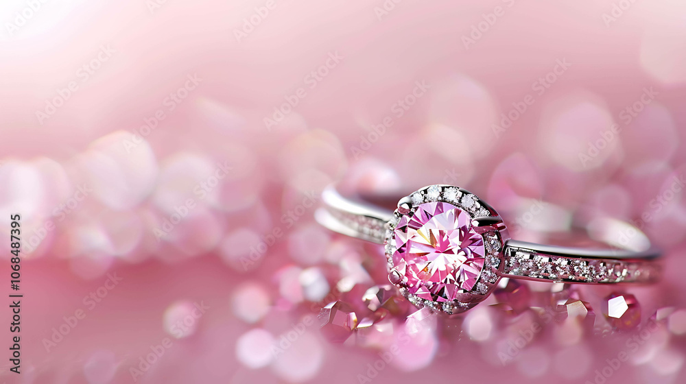 This is a beautiful image of a pink diamond ring. The ring is made of white gold and features a round, pink diamond in the center.