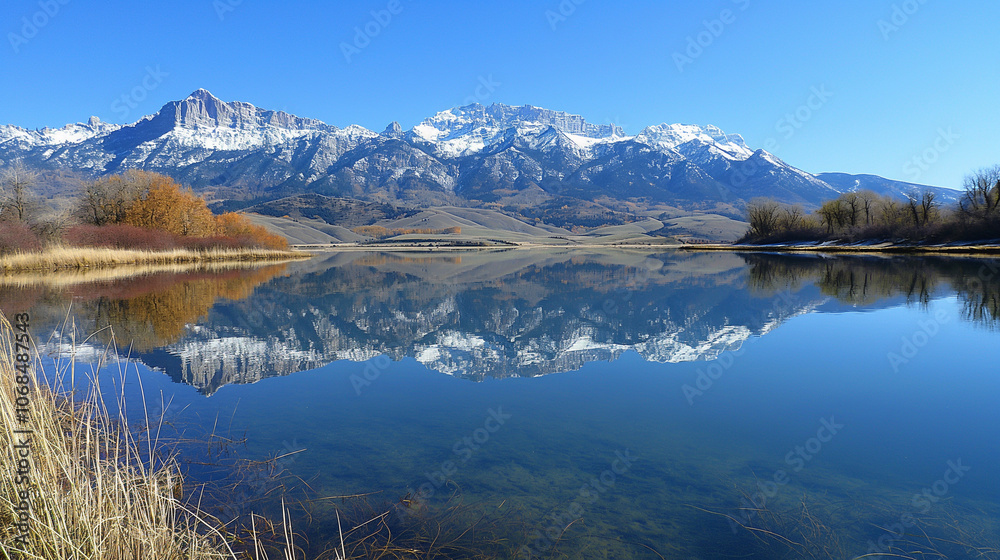 Obraz premium Snow-Capped Mountain Reflections on Lake Water. Lake mirroring a mountain range under clear skies. landscape