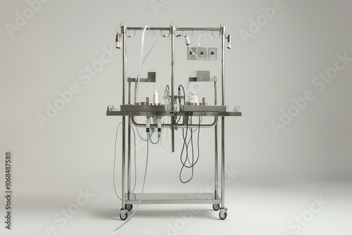 Professional medical equipment with tubes and wires standing on wheels on grey background