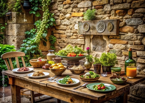 Historic Stone Wall with Engraved Script Surrounded by Gourmet Food Arrangement, Rustic Table Setting, Natural Lighting, Culinary Delights, Food Photography, Outdoor Dining Experience